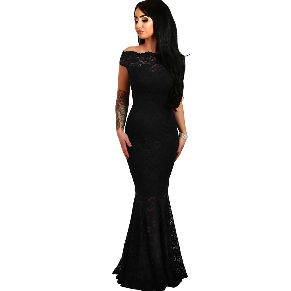 

XSY 2019 new retro cotton women's clothes Slash collar sexy dress short-sleeved side zipper lace printing fishtail long dress