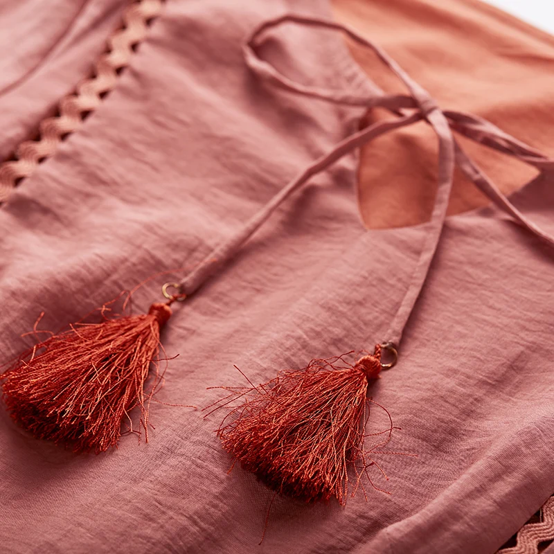 

ARTKA 2019 Summer Bean Paste Color Tassel Dress Vintage Style Knee Length O-Neck Cotton Dresses Lady Long Sleeve Dress LA15091C