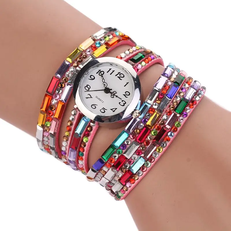 

Fashion Boho Rhinestone Quartz Watches PU Leather Band Multilayer Bracelet Braided Winding Wrap wristwatch women Luxury Colorful