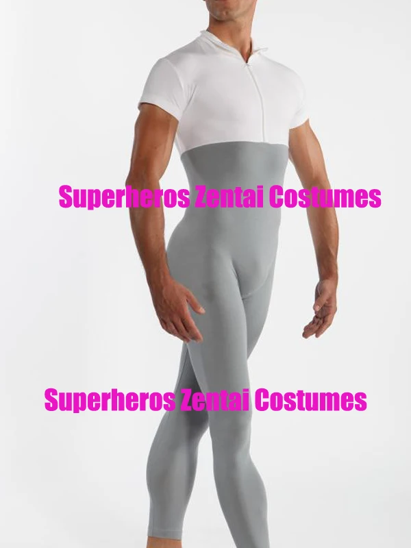 Top Quality Lycra Sexy Men White&ampGray Catsuit Jumpsuit Second Skin Tight Zentai Short Sleeve Gymnastics Unitard Leotard Bodysuit |