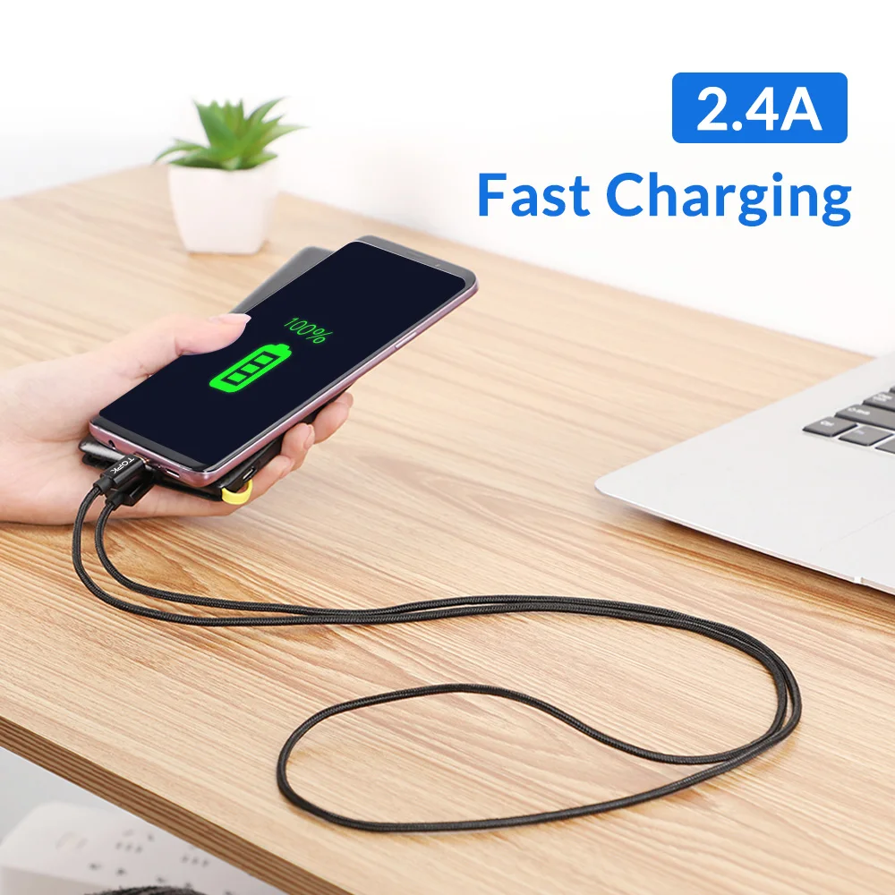 Кабель Micro USB TOPK в нейлоновой оплетке металлический штекер для синхронизации