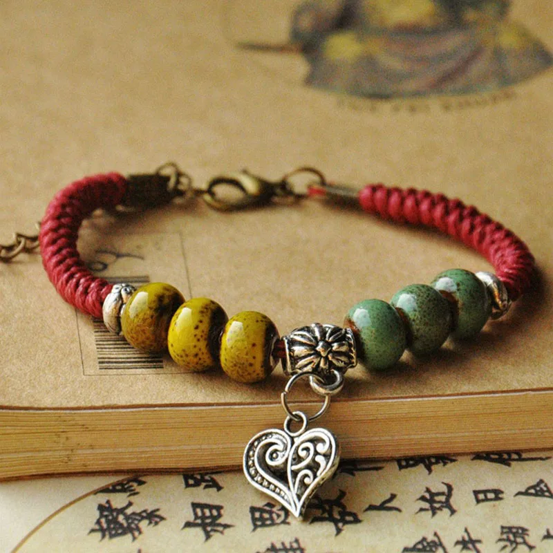Ancient Silver Color Heart Pendants Bracelets For Women Ceramic Beads Strand Vintage Bracelet Handmade Rope Knot Charm Jewelry | Украшения