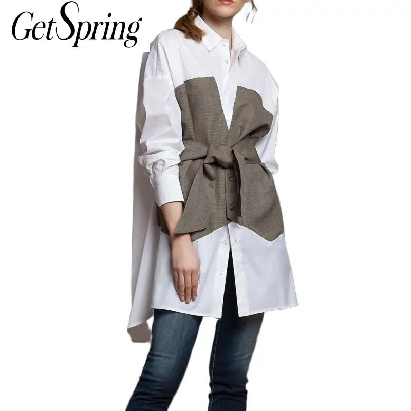 

GetSpring Women Shirt Blouse Cotton Loose Long Blouse Shirts White Bow Fake Two Pieces Office Women Shirt Blouse Tops Plus Size