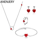 Женский ювелирный набор ANENJERY, ожерелье Красное сердце + серьги + кольцо + браслет из стерлингового серебра 925 пробы