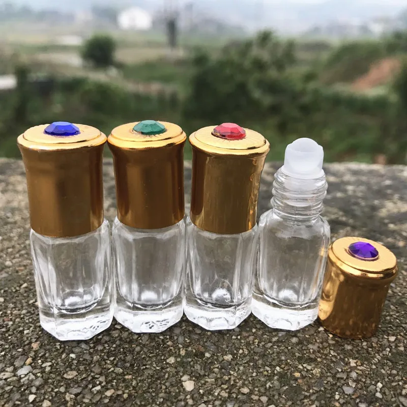 3ML Transparent Perfume Empty Bottle Roll On New Gemstone Cover Small Cylindrical Glass Bottle 200PCS/LOT