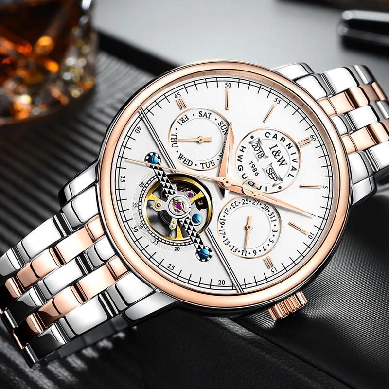 Механические часы Carnival Tourbillon мужские роскошные винтажные Автоматические