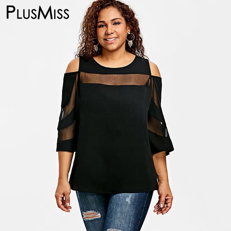 PlusMiss плюс Размеры 5XL 4XL сексуальное открытое плечо See Through футболки лето 2018 Для