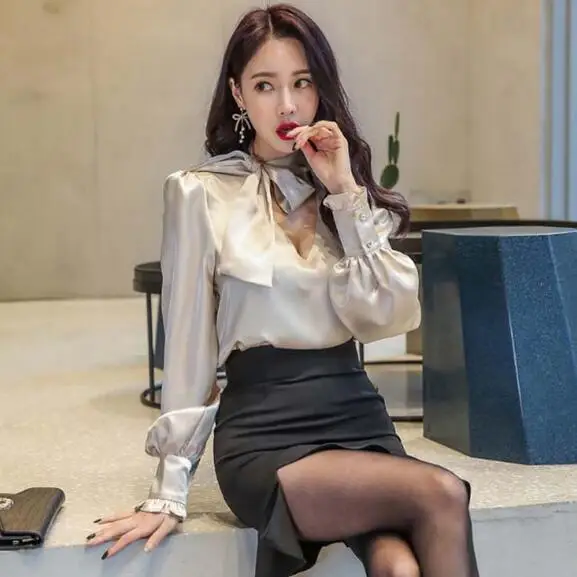 Женская блузка с рукавом фонариком Офисная шифоновая бантом в Корейском стиле