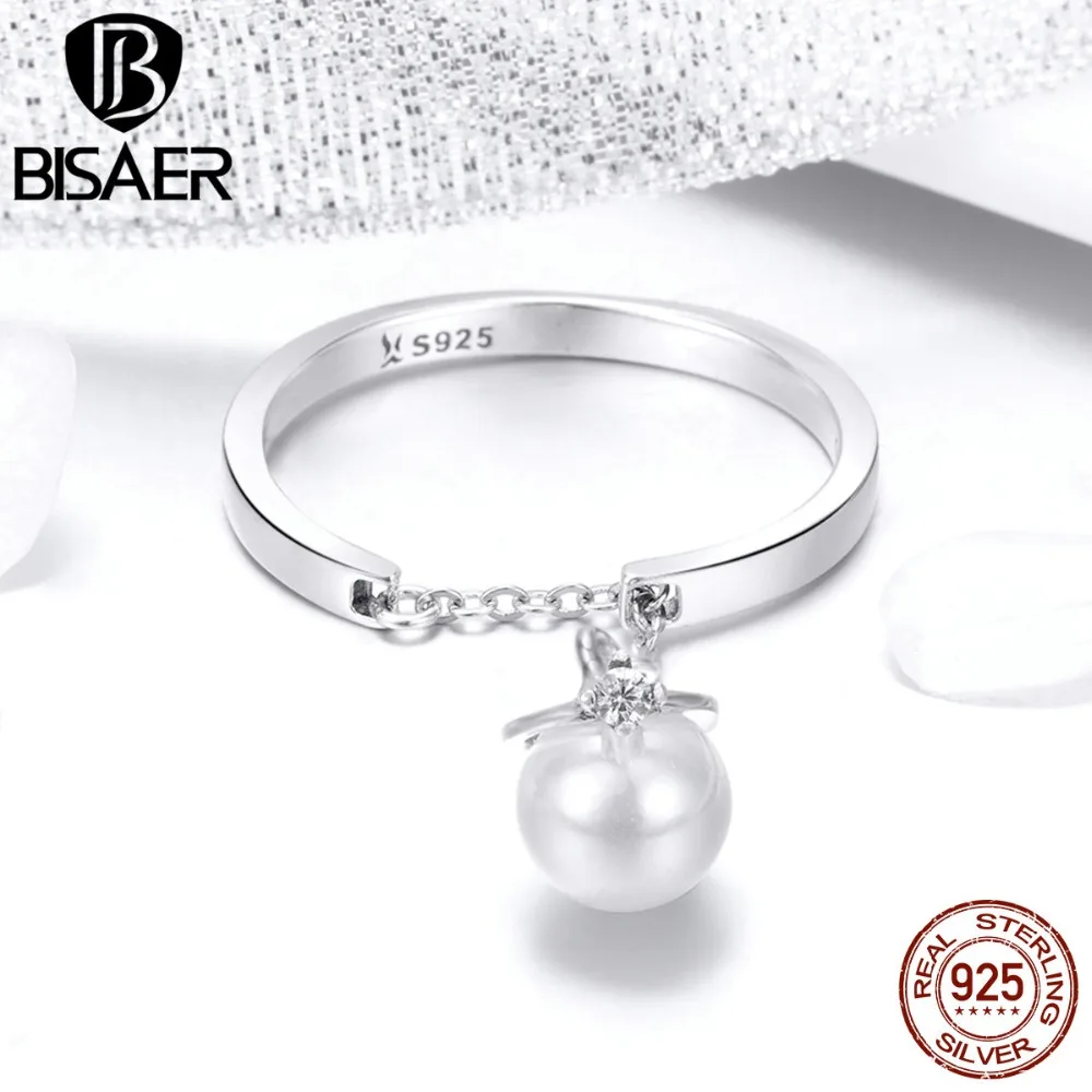BISAER, 925 пробы, Серебряная оболочка, жемчужные свадебные кольца на палец для женщин, прозрачный CZ, свадебное ювелирное серебряное кольцо anel ECR459