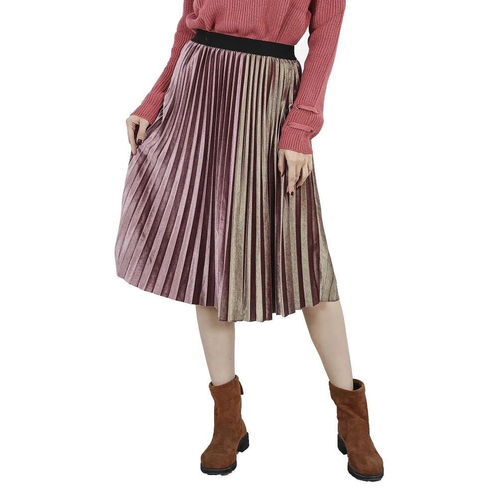 

Women's Skirt Pleated Velvet Spring Autumn High Waist Ladies Patchwork Skirts For Women Velvet Pleated A Line Midi Skirt Female