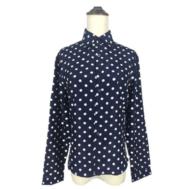2018 Summer New European and American Women Lapel Shirt Long Sleeves Dot Print Chiffon |