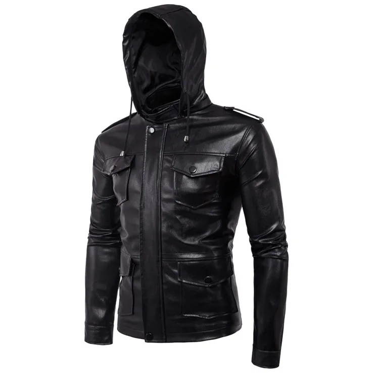 2019 New Europe and America Men's Hooded Motorcycle Leather Jacket Autumn Multi-pocket Black PU Coat Big Size 5XL | Мужская одежда