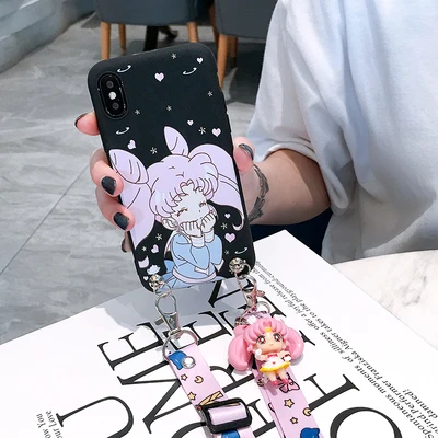 As shown in Для iPhone XR милый 3D Сейлор Мун чехол для телефона для iPhone X XS Max 4S 5S SE 6S 6plus 7plus 8 plus мультяшная задняя крышка+ ремешок+ игрушка - Цвет: As shown in
