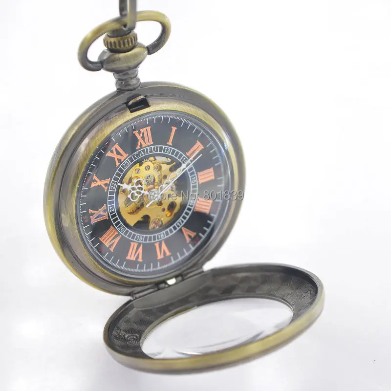 Элегантные бронзовый тон механические черные карманные часы с циферблатом w/цепь