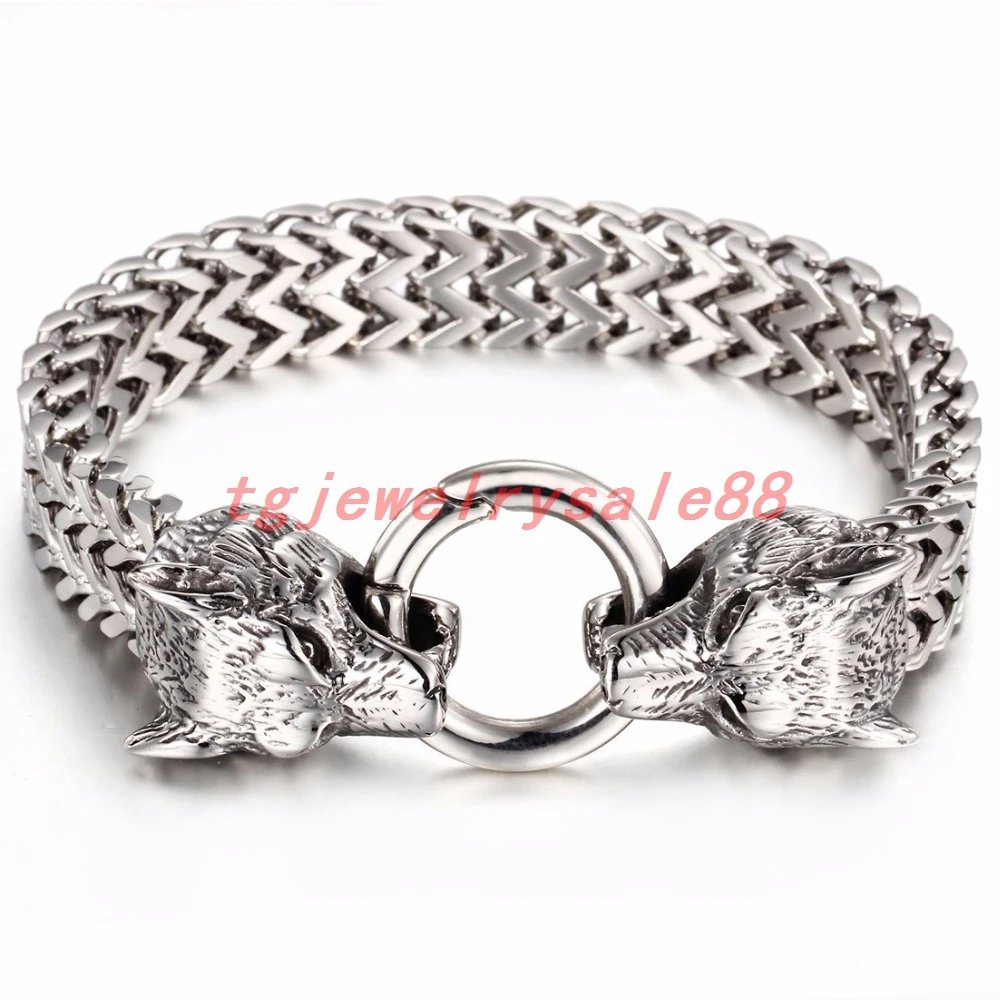 

12mm Wide Heavy Huge Fashion Men's Silver Color Stainless Steel Figaro Rolo Chain With Wolf Heads Clasp Bracelet Jewelry 8.66"