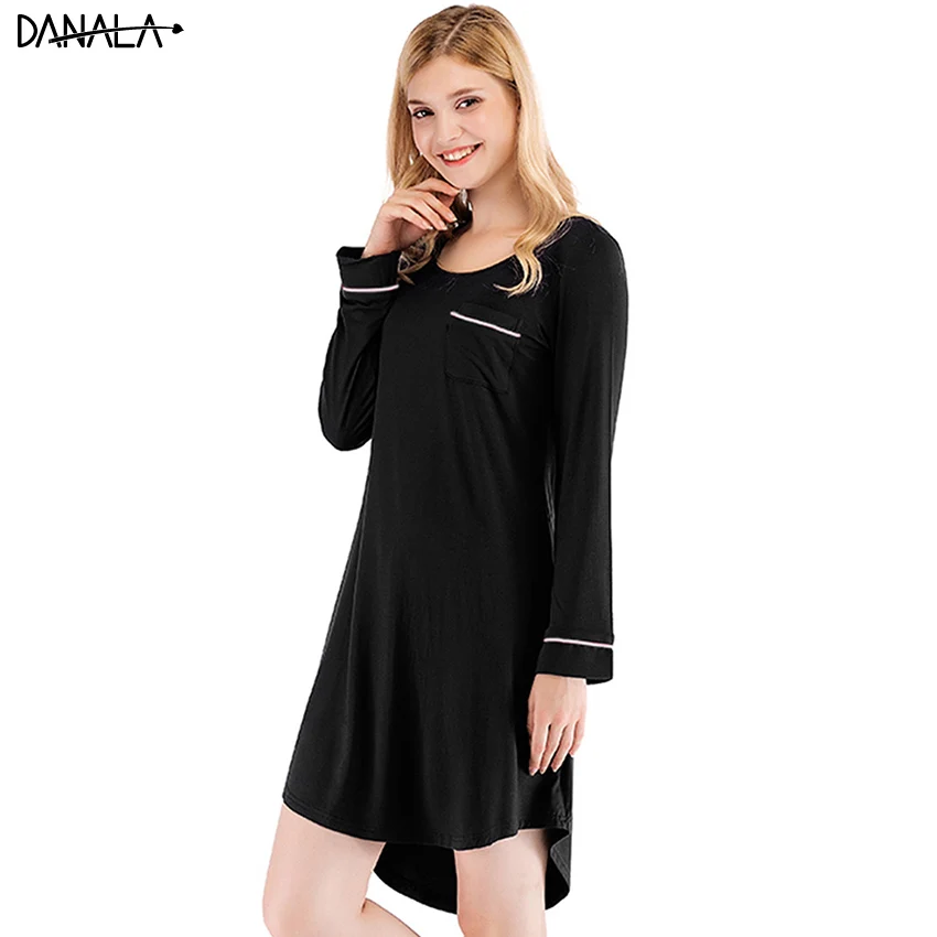 Женское платье для сна DANALA однотонное мини-платье с длинным рукавом и о-вырезом