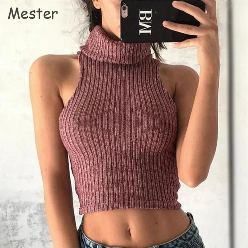Женский тонкий свитер без рукавов вязаный укороченный топ бюстье с высоким