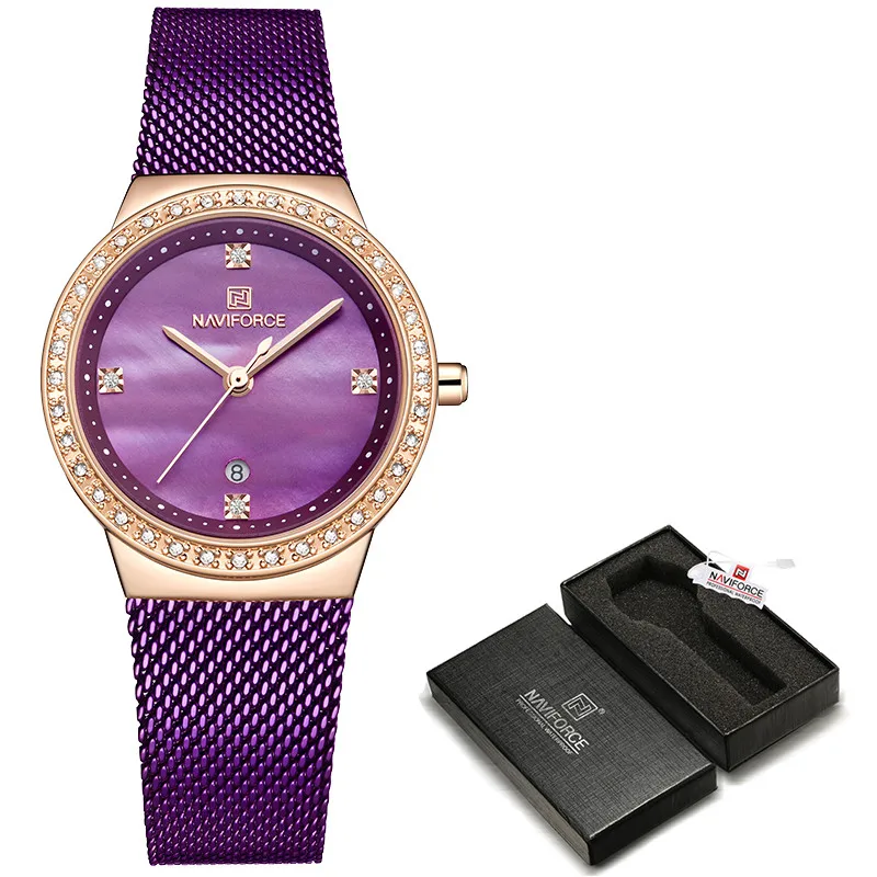 Rose Gold Purple-Box Бренд NAVIFORCE, роскошные часы для женщин, модная одежда, кварцевые наручные часы, женские водонепроницаемые часы из нержавеющей стали, Relogio Feminino - Цвет: Rose Gold Purple-Box