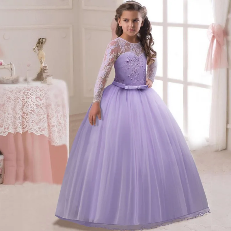 Lace Girl Long Dress Children's clothingLong Sleeve Flower Baby Girls Party Wedding Bridal Gown Kids Dresses | Детская одежда и