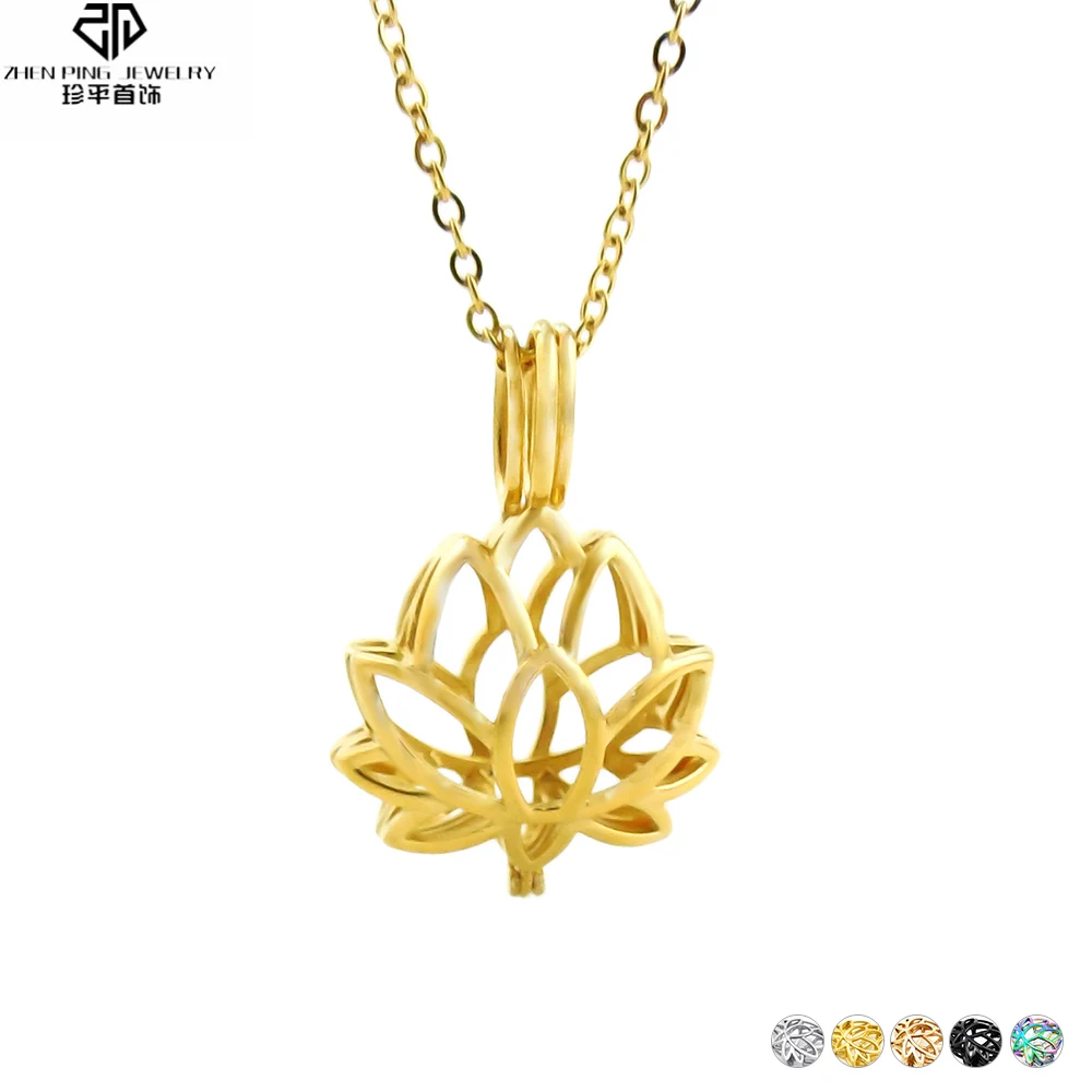 

Trendy Lotus Pearl Bead Cage Locket Pendant Aromatherapy Essential Oil Diffuser Necklace Stainless Steel Locket DIY Jewelry