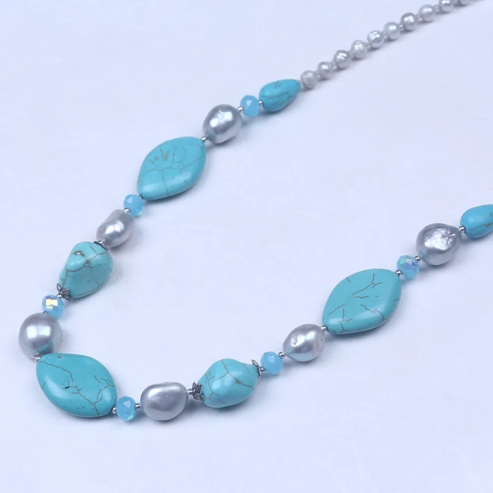 New Arrived Natural Blue Stone Baroque Shape Freshwater Pearl Long Jewelry With Rhinestone Clasp Bead Strand Necklace | Украшения и