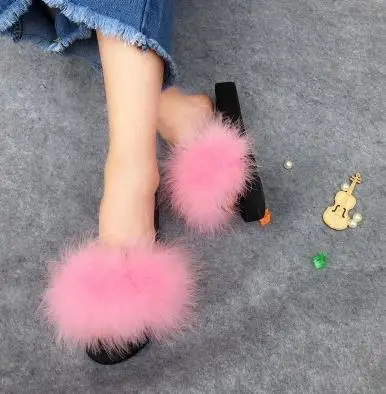 ostrich hair Тапочки с натуральным мехом; женские домашние пушистые шлепанцы с мехом лисы; удобная летняя обувь на плоской подошве; Милая женская обувь; большой размер 39; домашняя обувь - Цвет: ostrich hair