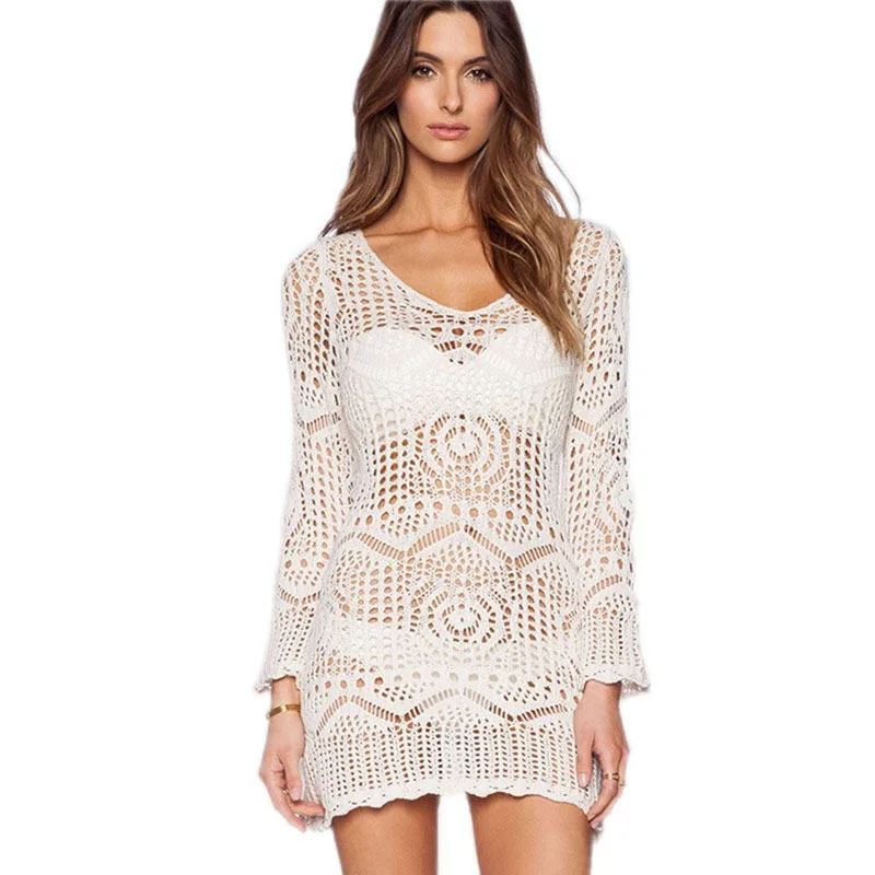 with belt 2018 Beach White Crochet Saida De Praia plus size swimwear cover ups Patchwork Embroidery Sexy bathing suit |