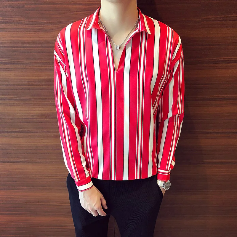 Модная мужская рубашка с v образным вырезом и длинным рукавом Хлопковая