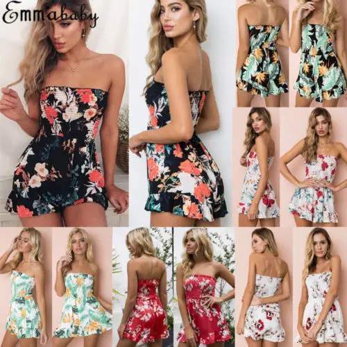 Женский летний повседневный комбинезон бандо без бретелек с цветочным принтом