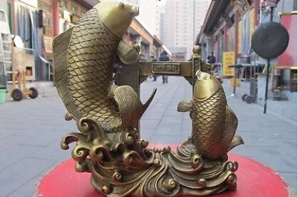 Китайский Изысканный Чистая латунь Lucky carp рыбы Перейти дракон двери/бронзовая