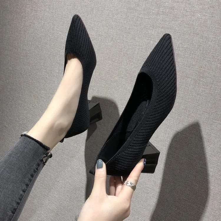 

New versatile knit shallow mouth pointed shoes thick with professional tooling shoes high heels women