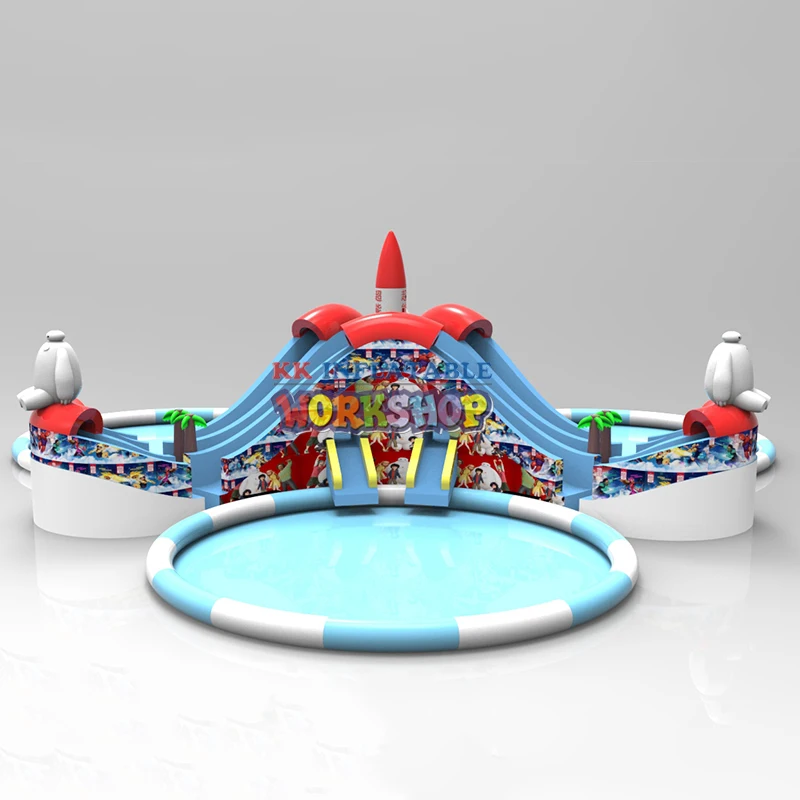 Goede Custom-Made Drie Aantrekkelijke Opblaasbare Glijbanen Met Zwembaden Kids Water Park Te Koop