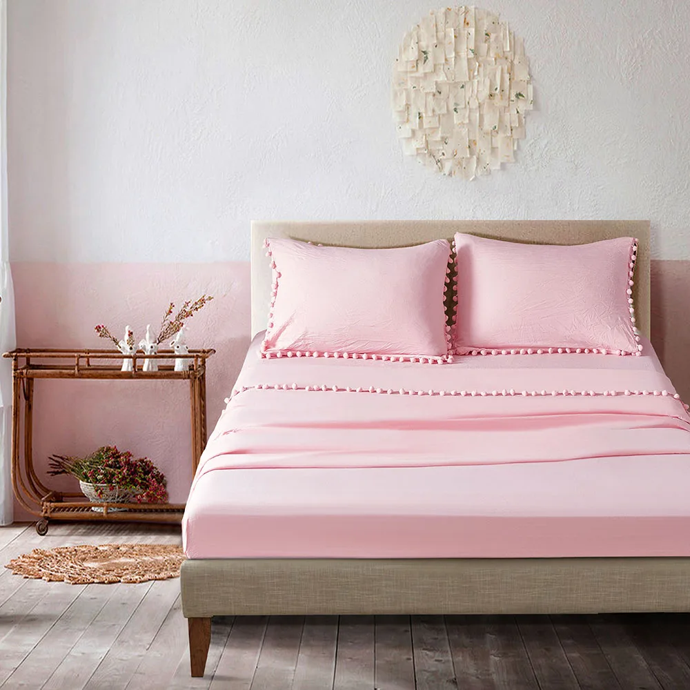 

Water Wash Bedding Set Solid Pink Flat Sheet Fitted Sheet Pillowcase Bed Sheets 4-Piece Queen Natural Old Effect Bedclothes
