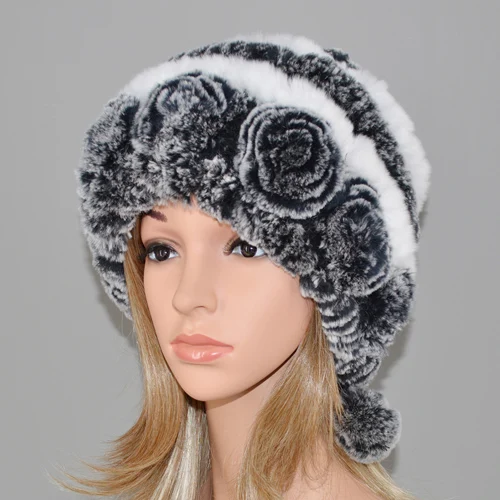 grey and white Лидер продаж, зимние женские шапки в полоску с цветами из натурального меха кролика Рекс, женские теплые вязаные шапки из натурального меха, меховые шапки для русской улицы - Цвет: grey and white