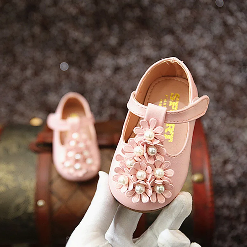 Детская кожаная обувь для девочек с цветами и жемчугом|Кожаная обувь| |
