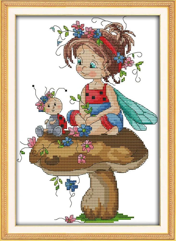 

The little girl and a sevenspotted ladybug cross stitch kit 14ct 18ct canvas stitching embroidery DIY handmade needlework plus