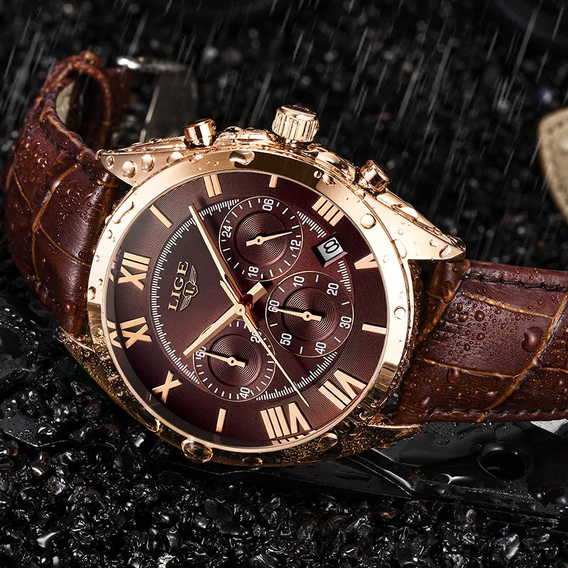 LIGE Fashion Sport Style Top Brand Luxury Quartz Watch Men Leather Brown Strap Waterproof Chronograph Dial reloj hombre | Наручные часы