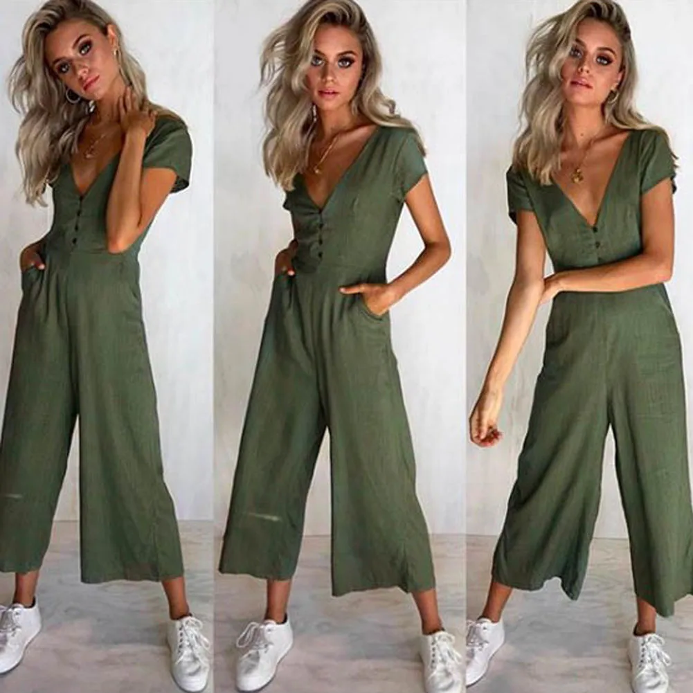 Women Solid V-neck Short Sleeve Clubwear Evening Party Jumpsuit Chiffon Long Trousers Bodysuits | Женская одежда