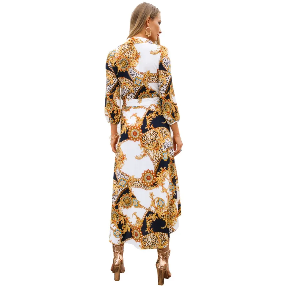 SharVell Women Dress Bohemian Print irregular Hem Casual Beach Dresses Summer V-neck A-Line Bow Tunic Mid-Calf | Женская одежда