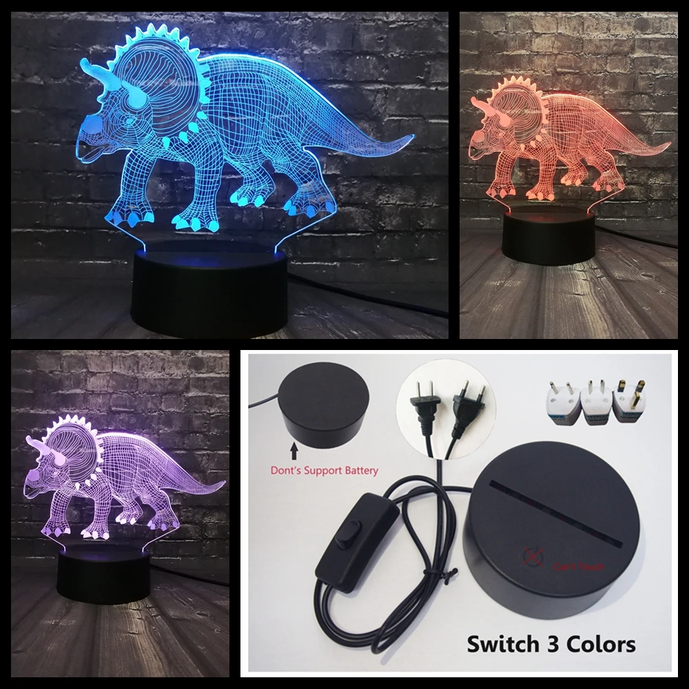 Акриловый СВЕТОДИОДНЫЙ 3D животное Лава динозавр юркского периода парк Triceratops ночник USB 7 цветов батарея мощность Спальня Настроение блеск ребенок подарок