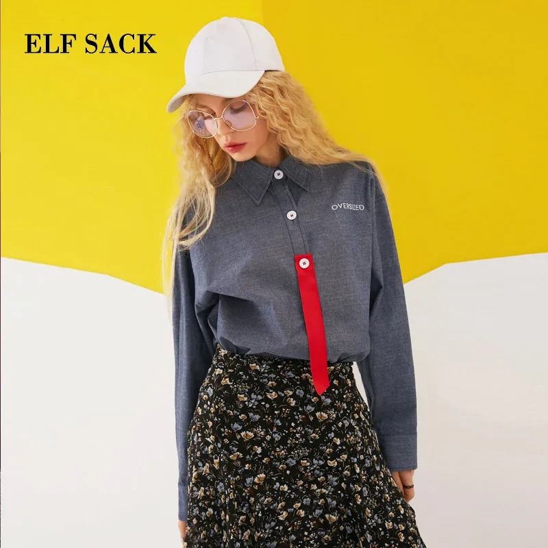 ELFSACK Стильная летняя женская хлопковая уличная Однотонная рубашка с вышивкой Harajuku корейский стиль Ins Модные женские рубашки - Цвет: Blue