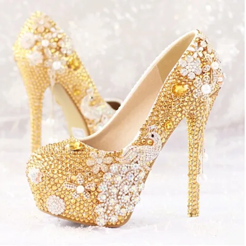 

2016 new fashion Women shoes gold diamond bridal shoes with flowers peacock high heel shoes Women wedding shoes Women pumps