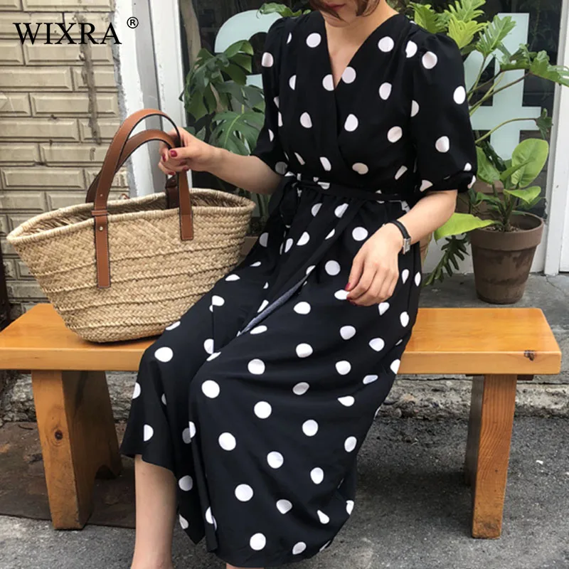 Wixra 2019 летнее платье женское винтажное в горошек с v-образным вырезом и рукавом