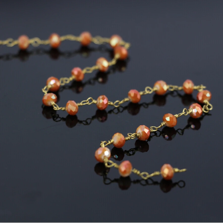 

5Meter,Faceted Orange Glass Crystal Beads Rondelle Chain with Gold Plated Wire Wrapped Rosary Chains Necklace Jewelry Findings