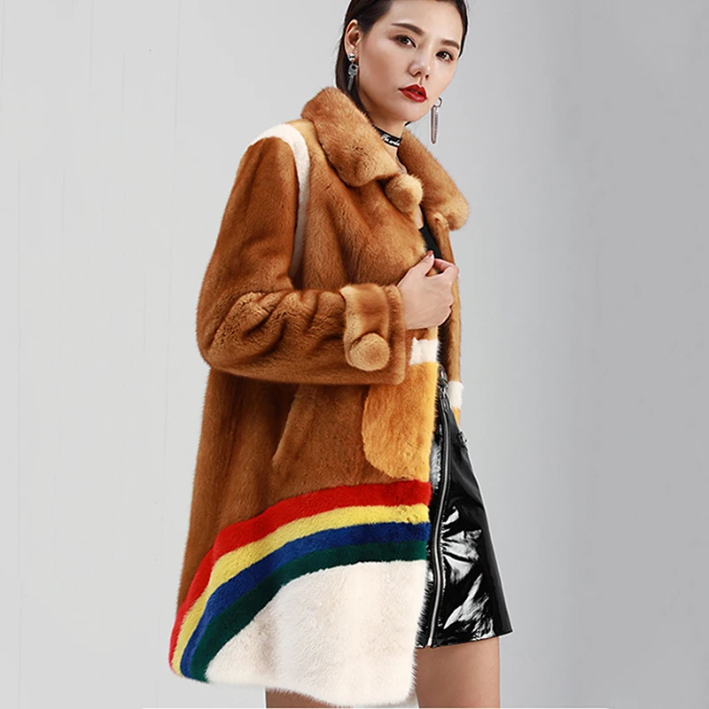 LVCHI Winter 2019 Real Mink Fur Coats Women's Patchwork Color Coat Full Pelt Contrast Color Turn-Down Collar Long Mink Coats