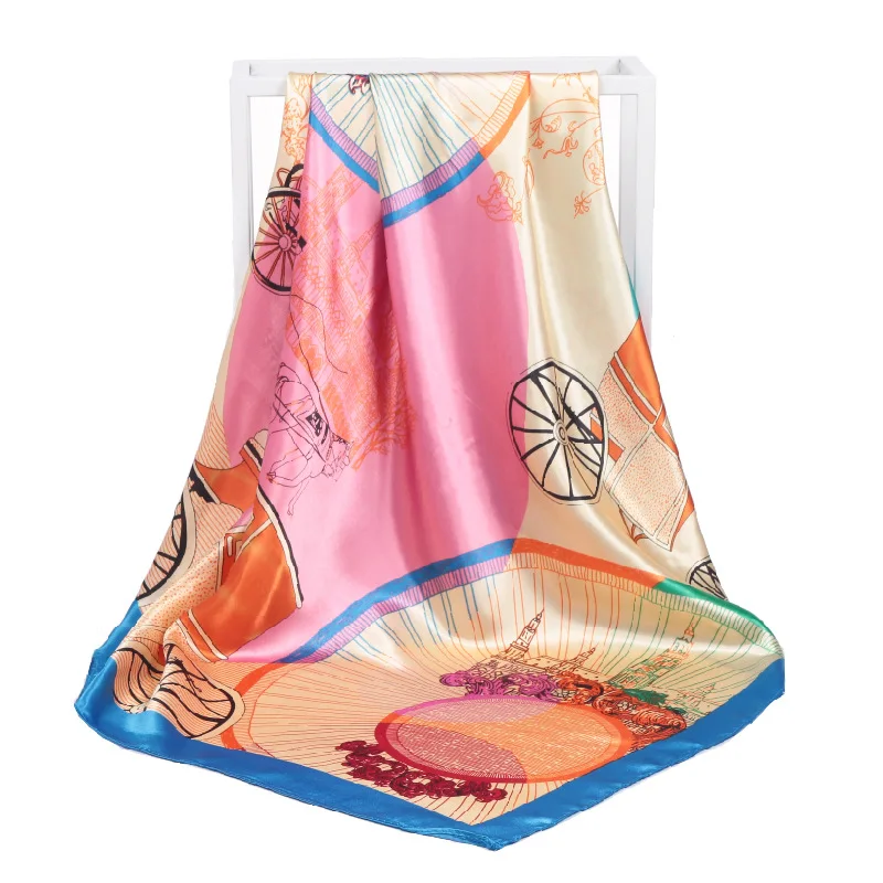 Navy orange Hijab Shawl Scarf Women Satin Fashion Retro waterwheel Printed Female Square Scarves Head Wraps 2018 NEW 90x90cm | Аксессуары