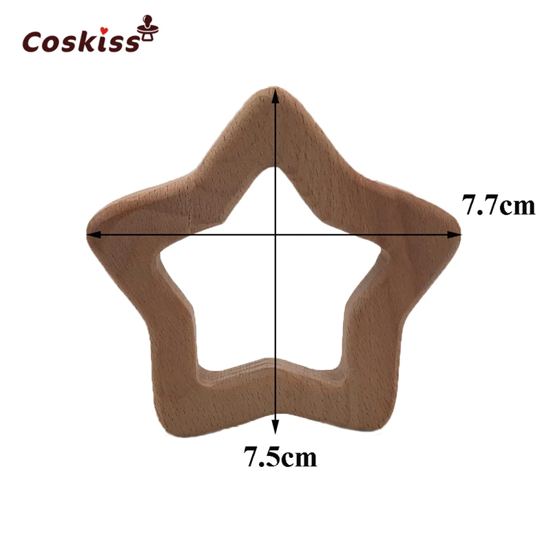 Coskiss 10pcs Handmade Beech Wooden Star Teether Baby Teething Toys DIY Crafts Pendant Chewable Pacifier Chain Accessories