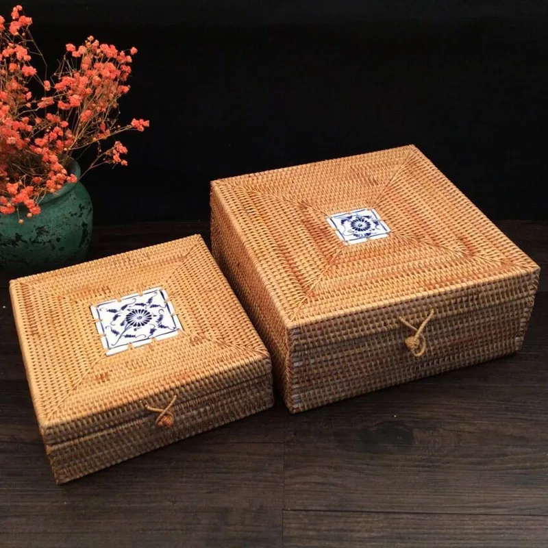 Вьетнамская Осенняя ротанговая квадратная коробка для хранения пылезащитный органайзер для чайного торта коробка для хранения ювелирных изделий organizador контейнер для чая
