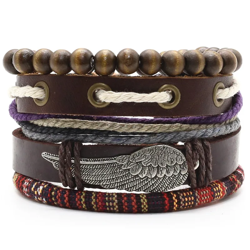Мужской кожаный браслет в стиле бохо плетеный с подвесками виде крыльев листьев
