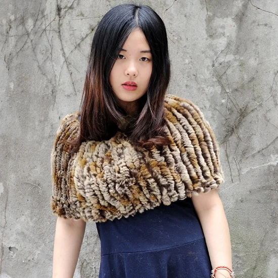 CX-B-44D Wholesale Price Rex Rabbit fur Knitted Scarf Girls Winter Fur Tank Shawl | Wraps